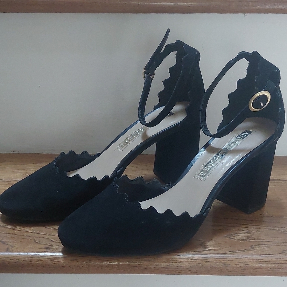 Audrey Brooke Black Suede Ankle Strap Heels